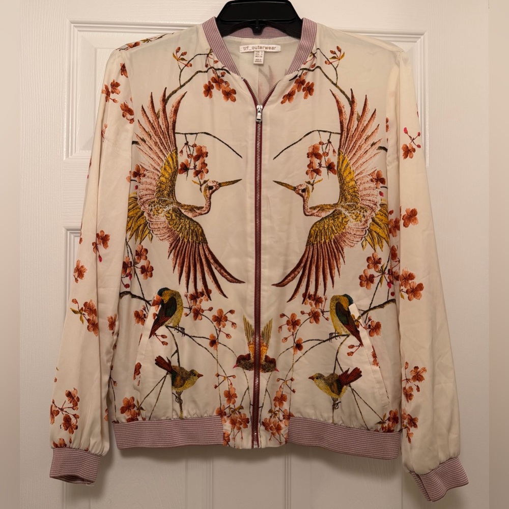 TRF Outerwear Cherry Blossom Cranes Satin Bomber Jacket Size Small